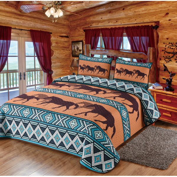 Hadden Dusk Gallops Southwestern Boho Horse Geometric Diamond Tribal Print  Decorative Quilt Bedding Set